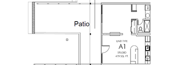A floor plan of a studio apartment with a patio.