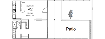 A floor plan of a studio apartment with a patio.