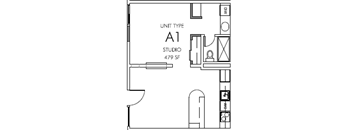 A black and white drawing of a studio apartment.
