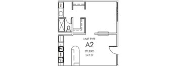 A floor plan of a studio apartment with a kitchen area and a bathroom.