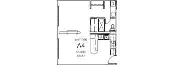 A floor plan of a studio apartment with a kitchen area and a bathroom.