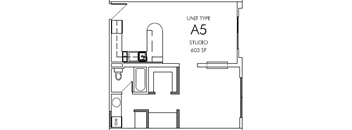 A floor plan of a studio apartment with a kitchen area and a bathroom.