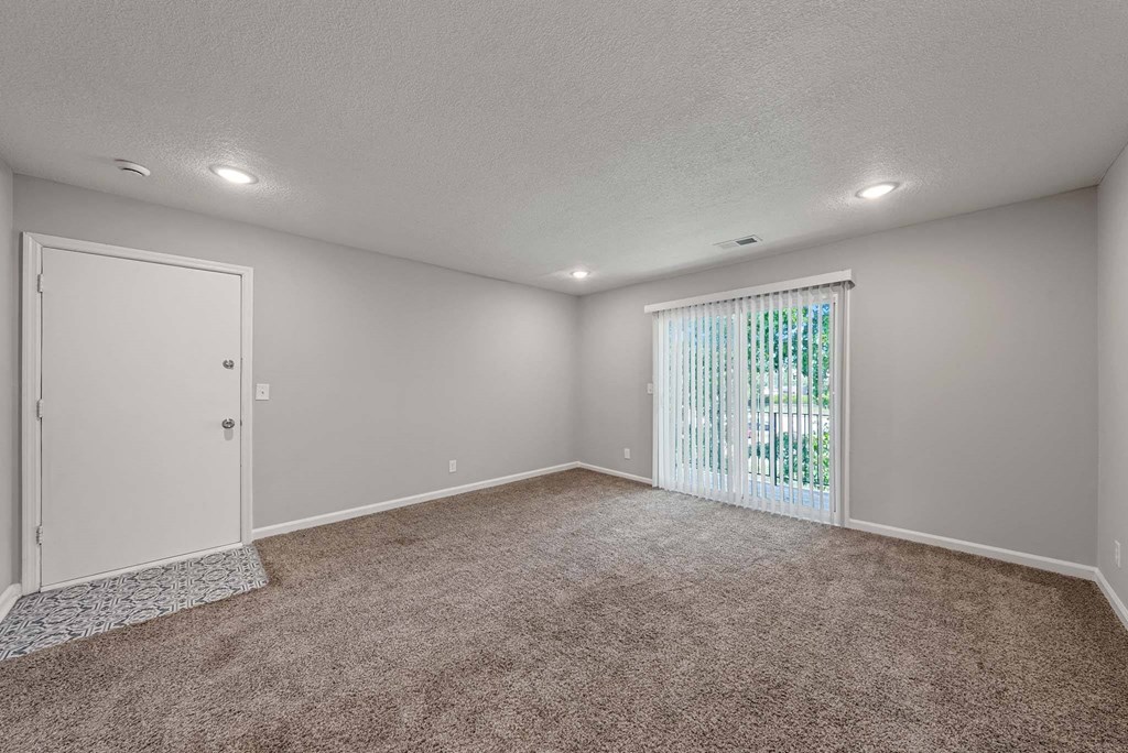 A room with a carpeted floor and a sliding glass door.