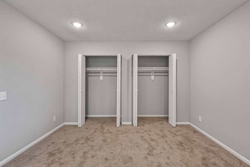 A room with two closets and carpeted floor.