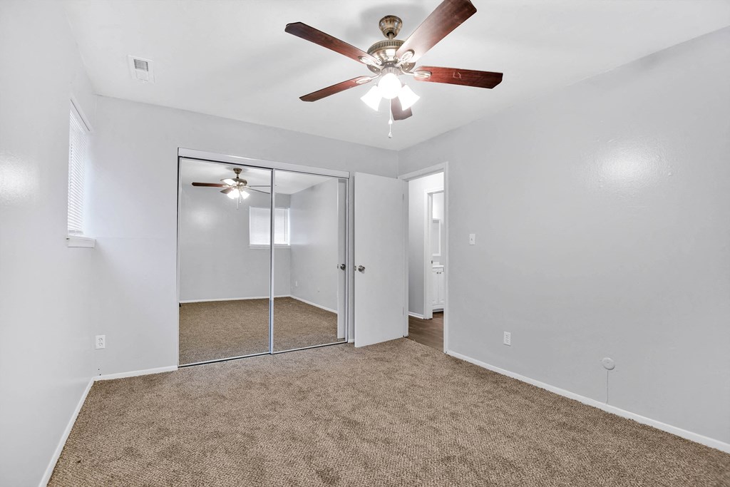 carpeted room with ceiling fan and large closet