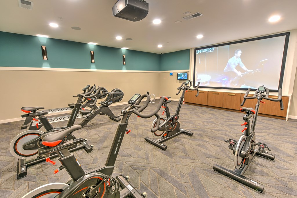 a gym with exercise bikes and a screen on the wall  at Pinnacle Apartments, Jacksonville, 32256