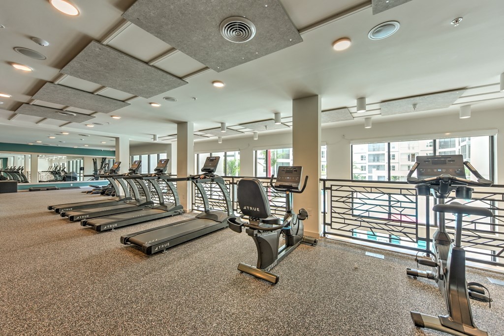 a gym with cardio equipment and windows at the heights at Pinnacle Apartments, Jacksonville, FL