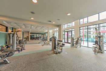 a gym with weights and other exercise equipment in a building with windows at Pinnacle Apartments, Jacksonville, FL