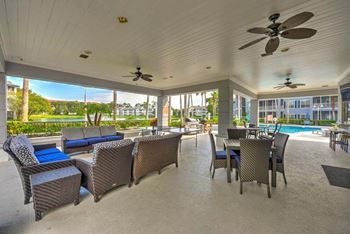 Covered patio area with comfy seating and ceiling fans  at Ocean Park, Florida, 32250