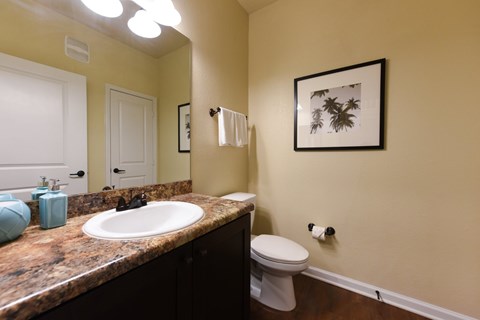 A bathroom with a toilet, sink, and mirror at Cabana Club - Galleria Club Apartments, Florida
