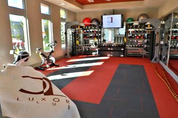 a gym with a lot of equipment and a tv at Luxor Club, Jacksonville, FL