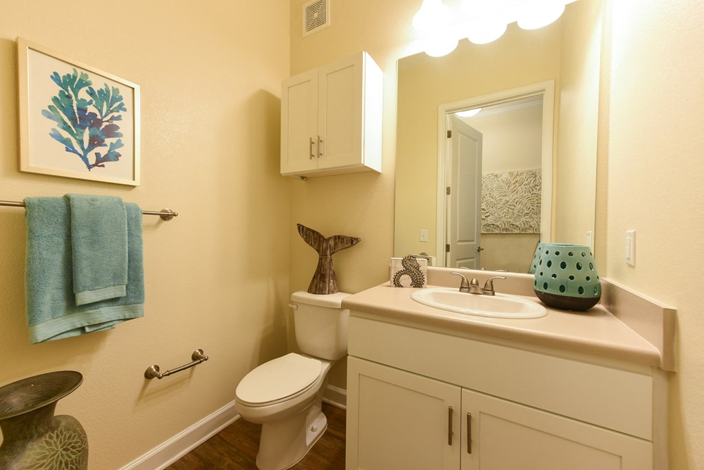 this is a photo of the bathroom of a 1 bedroom apartment at deer hill apartments in c at Palm Bay Club, Jacksonville, 32258