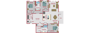 3 bed 2.5 bath floor plan B at Pinnacle Apartments, Jacksonville