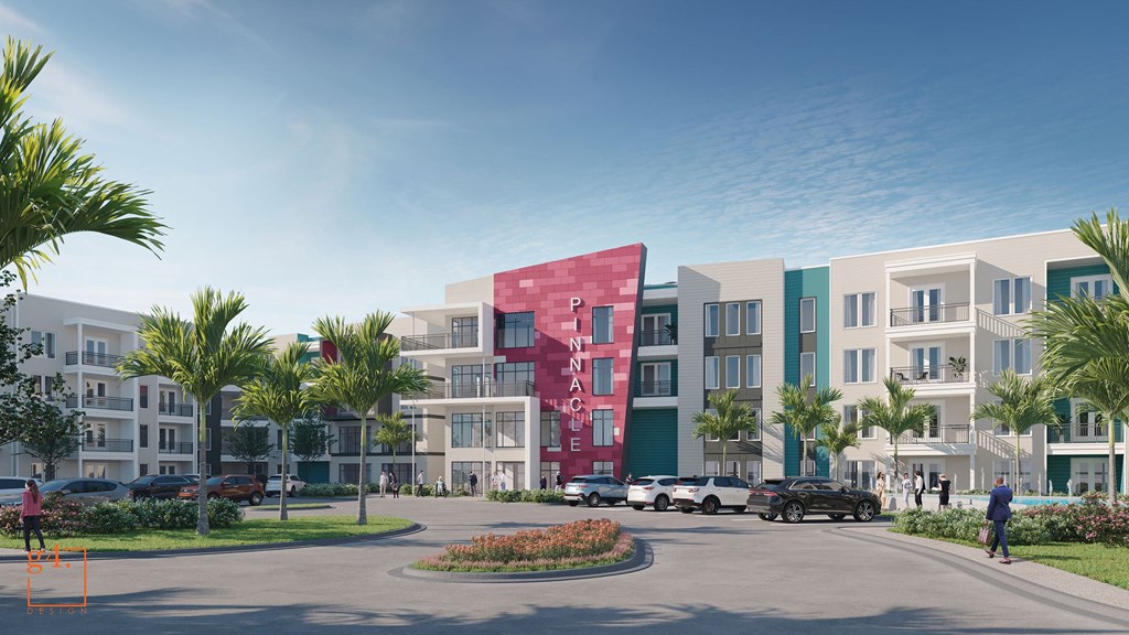 Pinnacle building exterior showing vibrant colors and spacious patio space at Pinnacle Apartments, Jacksonville, FL