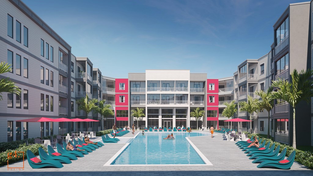 a rendering of an apartment complex with a swimming pool at Pinnacle Apartments, Jacksonville, FL