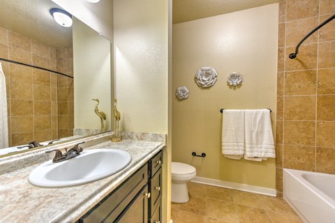 a bathroom with a sink and a toilet and a shower at Hacienda Club, Jacksonville, Florida