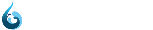 A blue and black swirl logo on a white background.