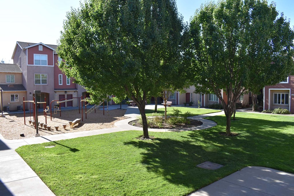 a park with trees and a playground in front of an apartment building