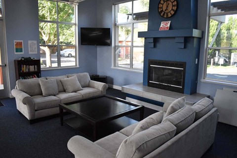 A living room with a grey couch, a black coffee table, and a blue fireplace.