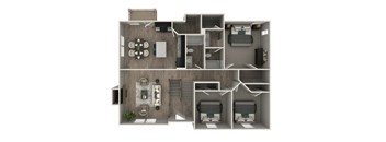A 3D floor plan of a house with two bedrooms, a living room, a kitchen, and a bathroom.