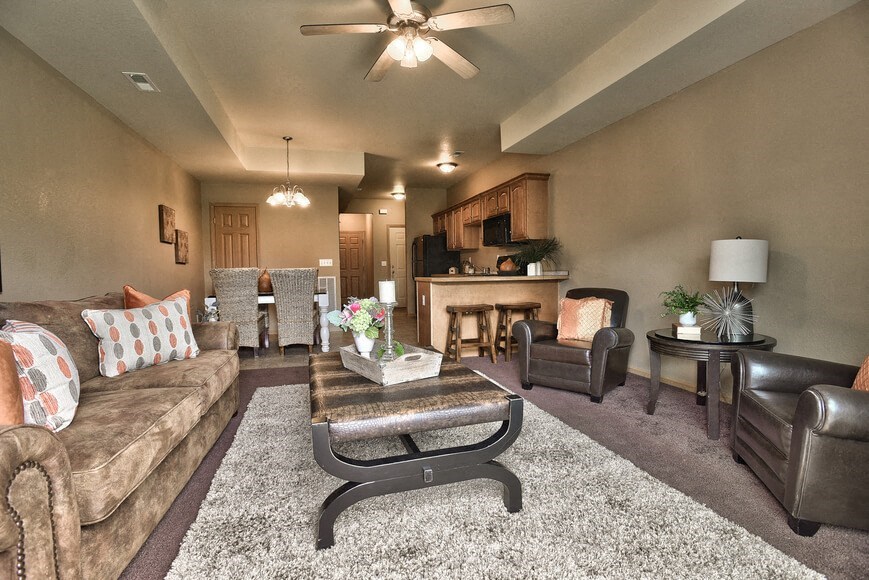 a living room with a couch and a table
