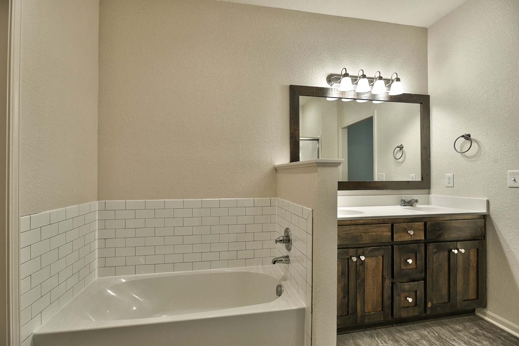a bathroom with a tub and a sink and a mirror