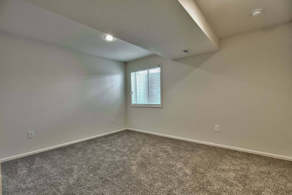 A room with a carpeted floor and a window with blinds.