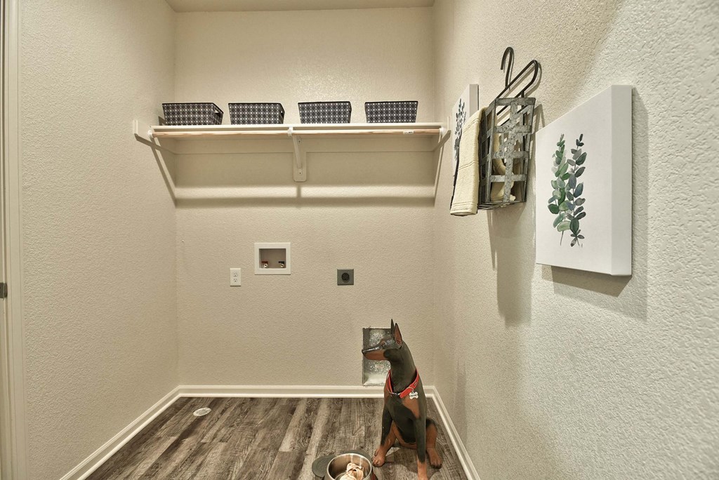 A dog is sitting on a wooden floor in a room with white walls.