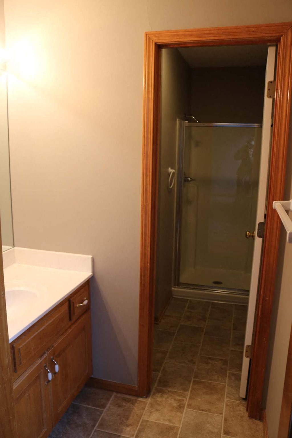 a small bathroom with a shower and a sink