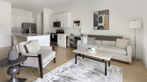 A modern living room with a grey rug and a white sofa.