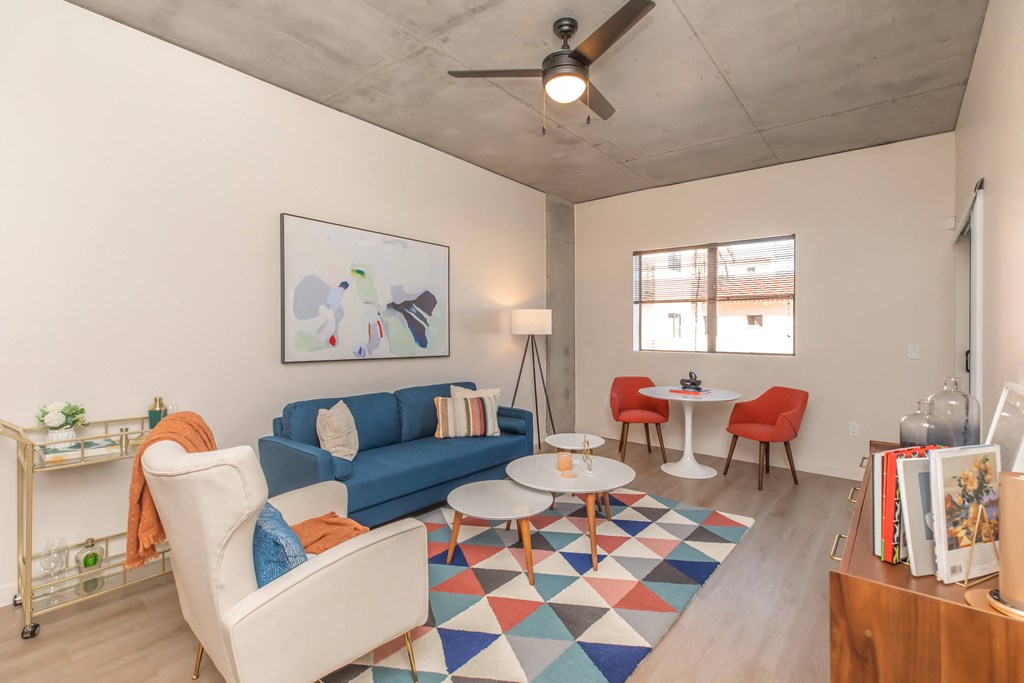 Living Room With Ceiling Fan at The Benedictine, Tucson, AZ