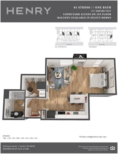 Henry Apartments Studio 3D Floor Plan