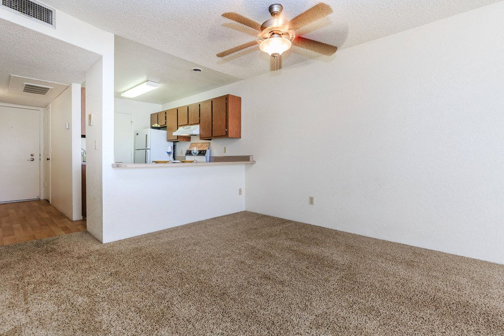 A room with a ceiling fan and carpeted floor.