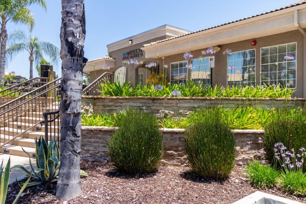 a house with a staircase and plants in front of it