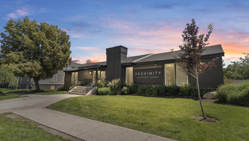 Proximity Apartment Homes Exterior of Leasing Office Night