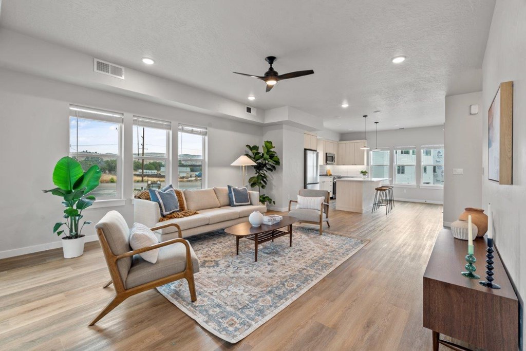 A living room with a sofa, a chair, a table, and a ceiling fan.