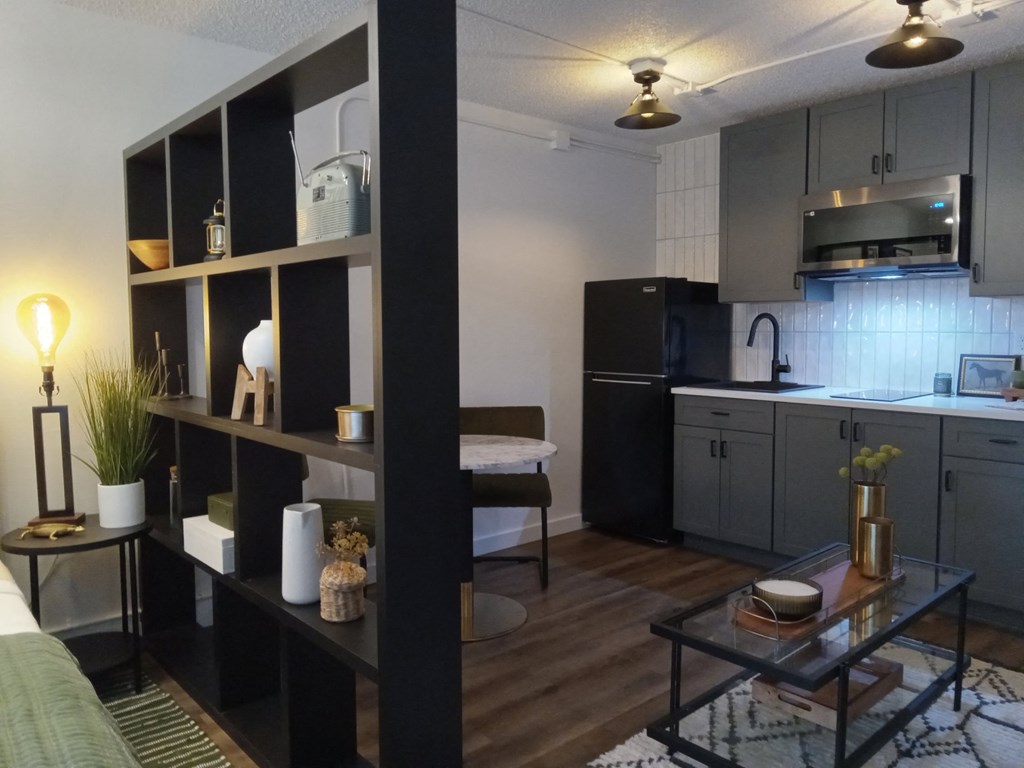 a view of the kitchen and living room from the living room divider