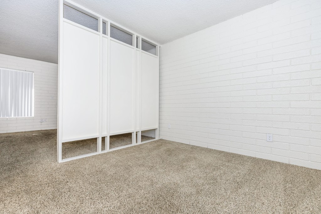 A white closet with a carpeted floor and a white wall.
