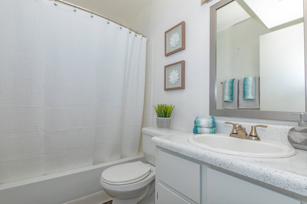 A white bathroom with a toilet, sink, and shower.