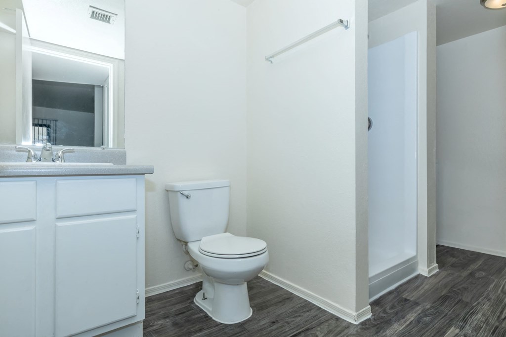 A white toilet sits in a bathroom next to a sink and a walk-in shower.