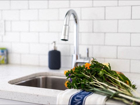 a kitchen sink with a bunch of flowers on the counter