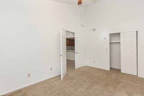 A room with a carpeted floor and two white doors.