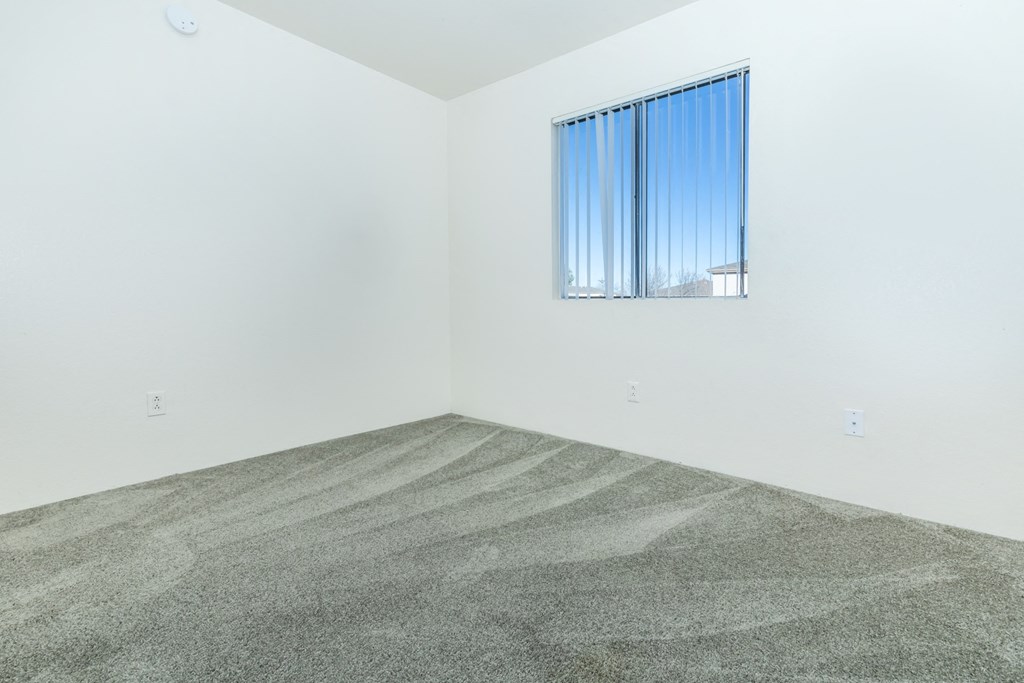 A room with a carpeted floor and a window with blinds.