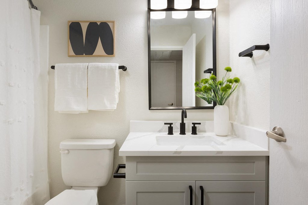 a white bathroom with a white toilet and a white sink with a mirror above it