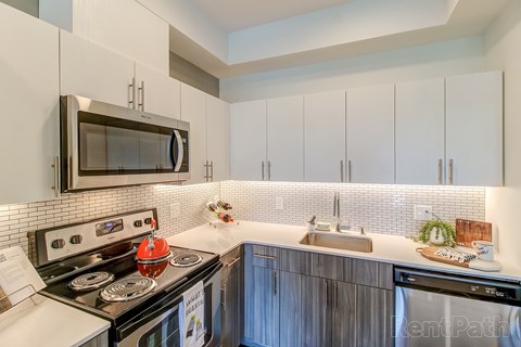 A kitchen with a stove, microwave, and dishwasher.