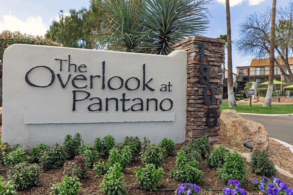 The Overlook at Pantano sign in front of a building.