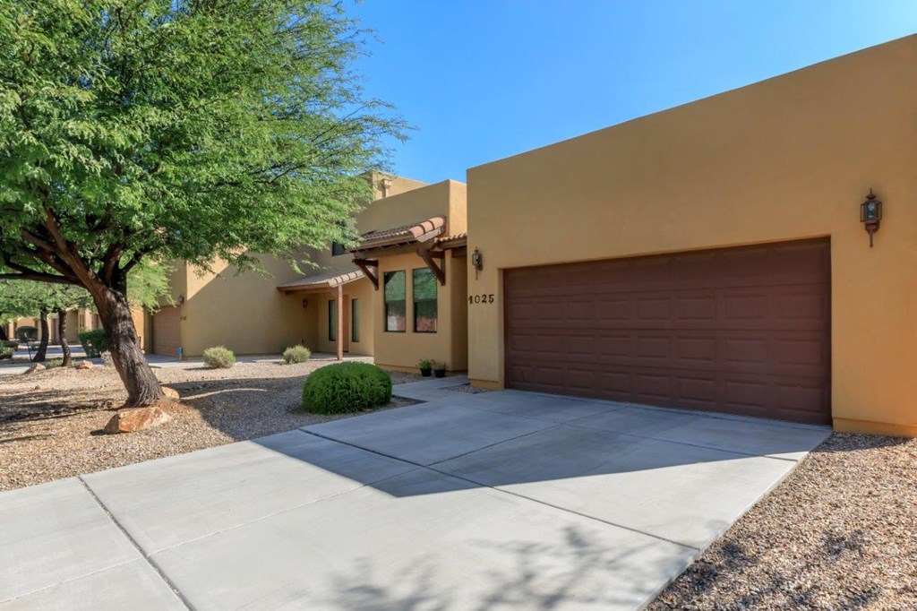 A house with a brown garage door and a tree in front.