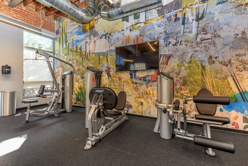A gym with a wall mural and a variety of exercise equipment.
