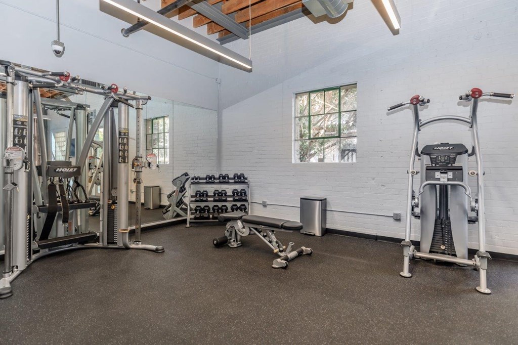 A gym with a variety of equipment including a leg press machine, a chest press machine, and a squat rack.