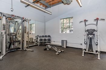 A gym with a variety of equipment including a leg press machine, a chest press machine, and a squat rack.